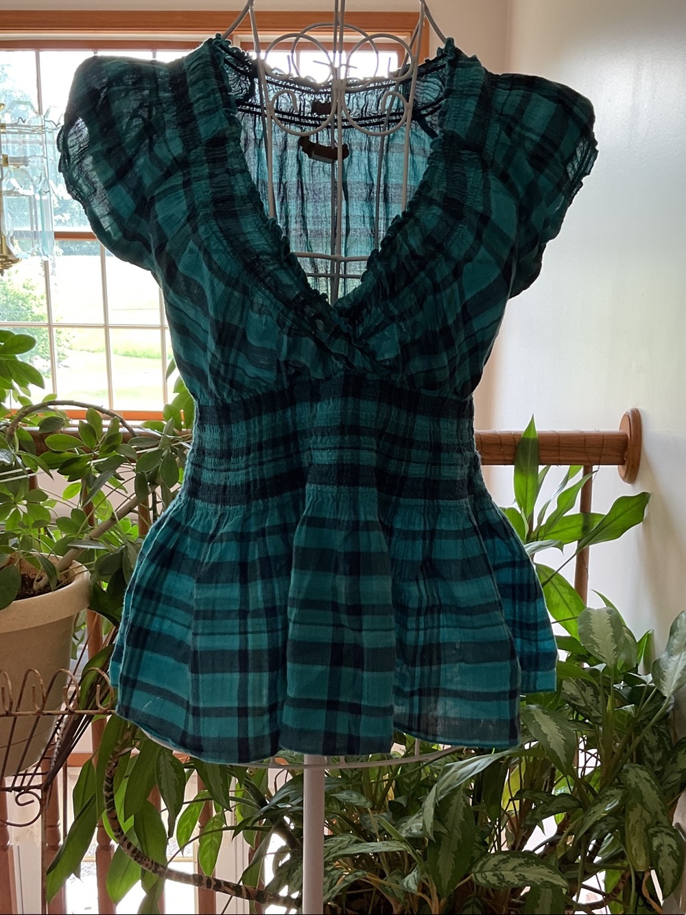 Old Navy Sure Fit Green Plaid Short-Sleeve Peplum Top Size Small